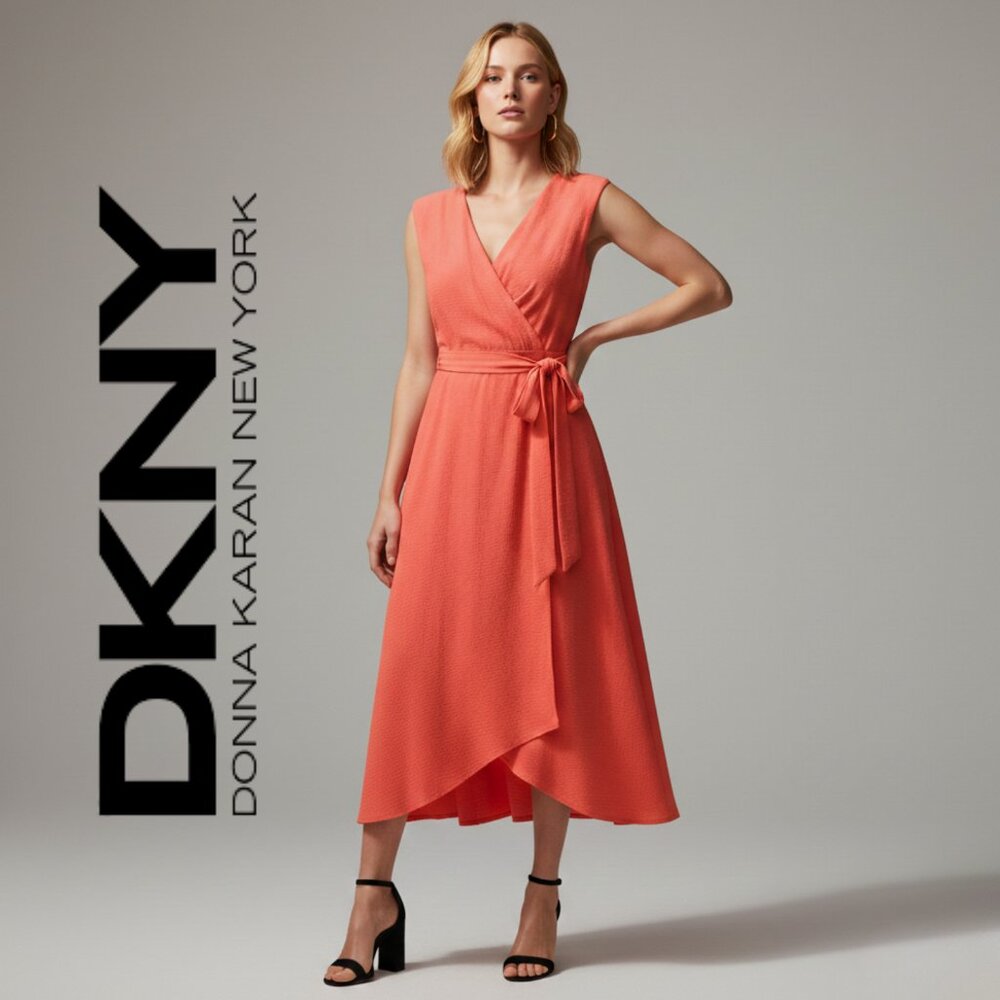 🌟NWT DKNY Orange Sleeveless Midi Faux Wrap Dress Surplice V-Neck Summer Event